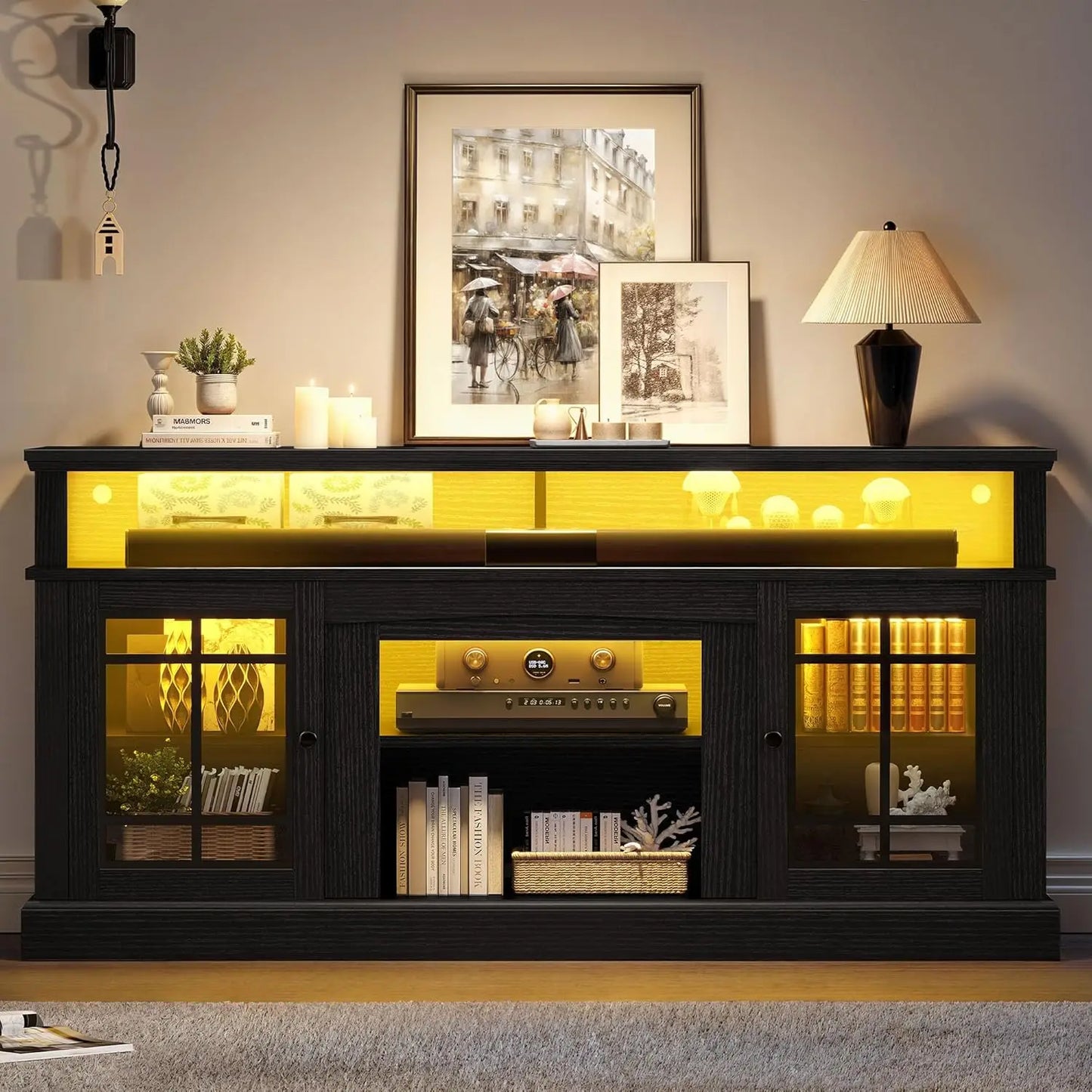 Black TV Stand for 75 Inch TV LED Modern Entertainment Center