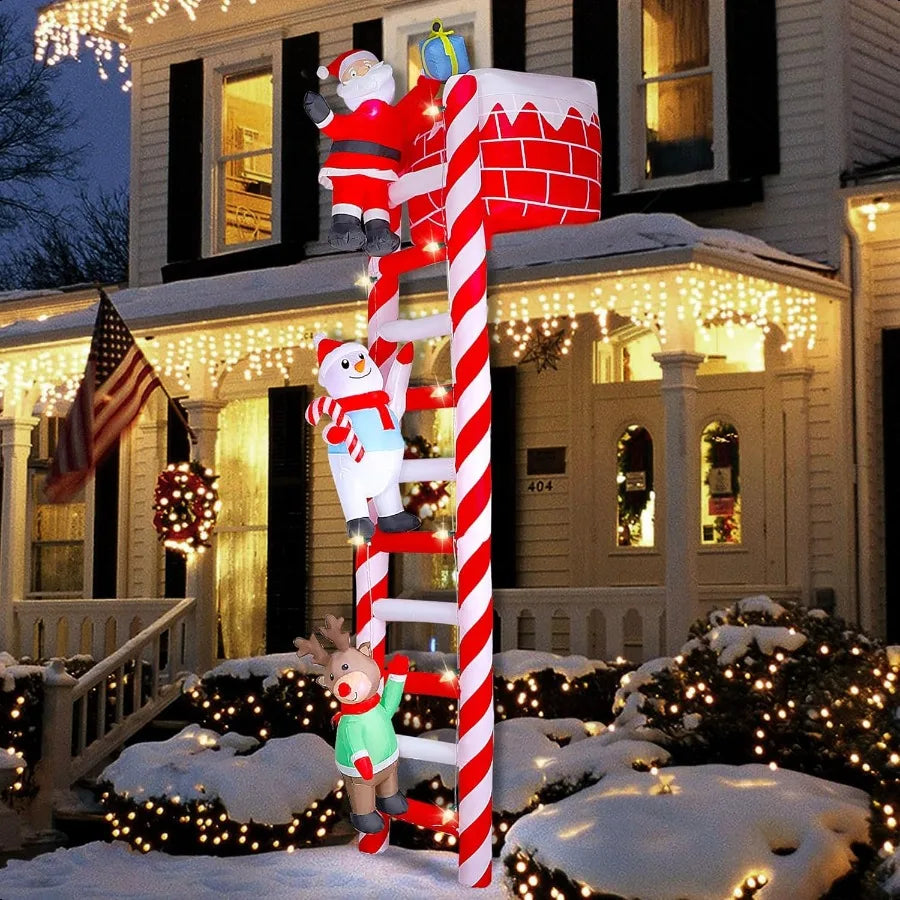 10FT Christmas Iatable Decoration Giant Lighted Ladder to Chimney Climbed with Reindeer