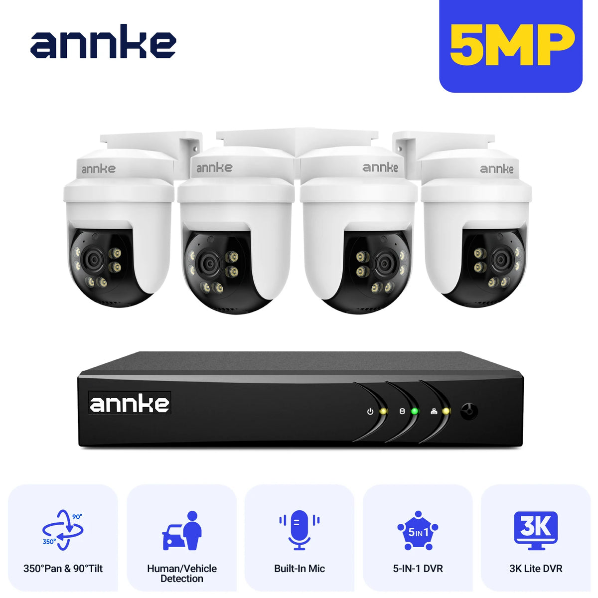 ANNKE 3K 5MP CCTV Home Surveillance Dome PT Camera 8 CH DVR 3/4/6 PCS 3.6mm Outdoor Camera IP65 IR Night Vision Cameras for Home Security