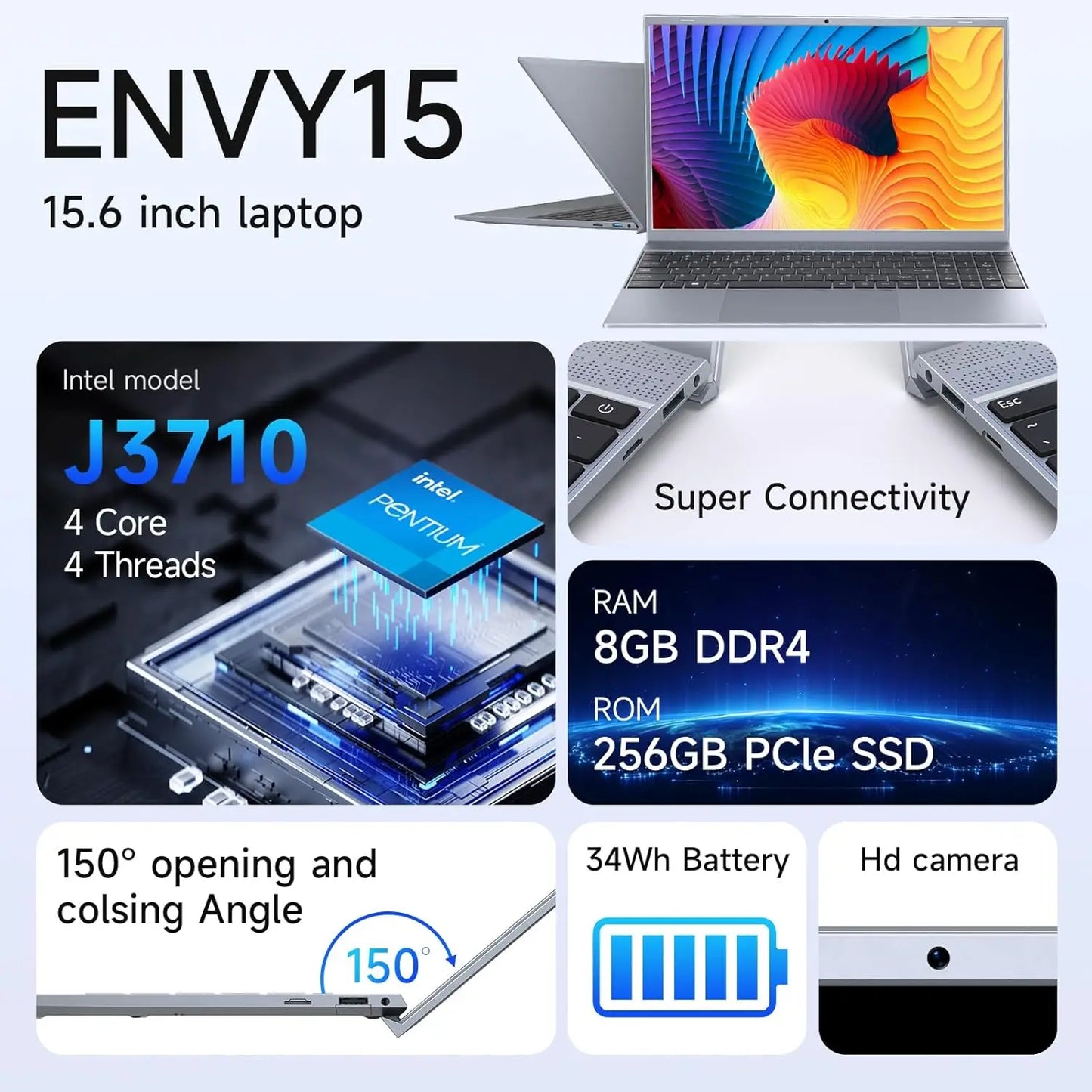 15.6 Inch Laptop J3710 8GB RAM 256GB SSD Windows 11