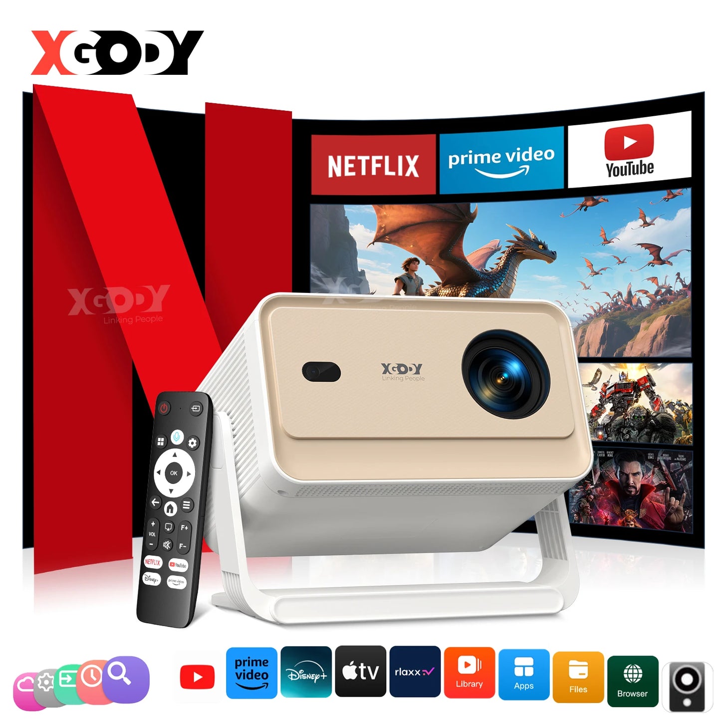 XGODY Projector A6/N6 Pro 600ANSI Netflix Officially 4K Voice Control Smart Android TV Whale OS 32GB ROM Home Theater