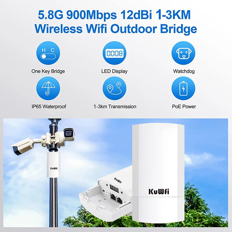 KuWFi 5.8G Outdoor CPE Bridge 900Mbps Wireless WiFi Router AP Repeater Mode PTP Long Range