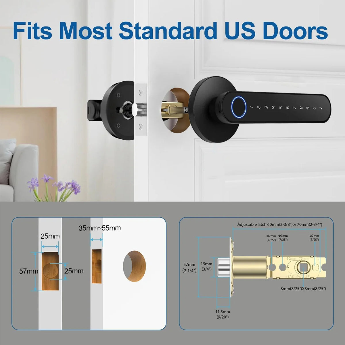 USA Standard Smart Lever Door Lock, Keyless Entry Fingerprint Handle Lock for Bedroom, Front Door & Apartment with Remote Passco