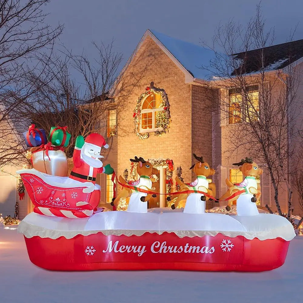 10FT Inflatable Santa Claus Sleigh with Elk LED Lights Outdoor Christmas Decorations