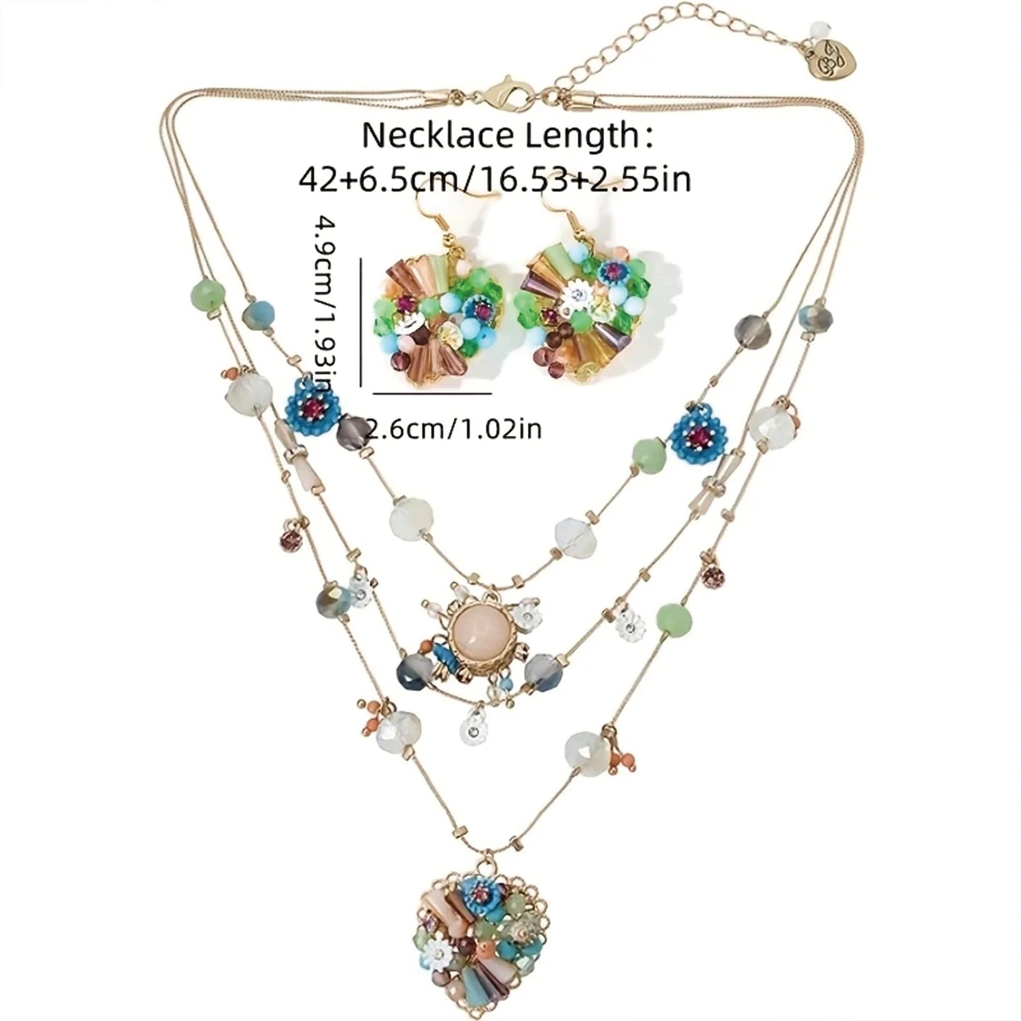 Silver, Multi-layer heart bead set, Bohemian style, pendant set with natural stones,