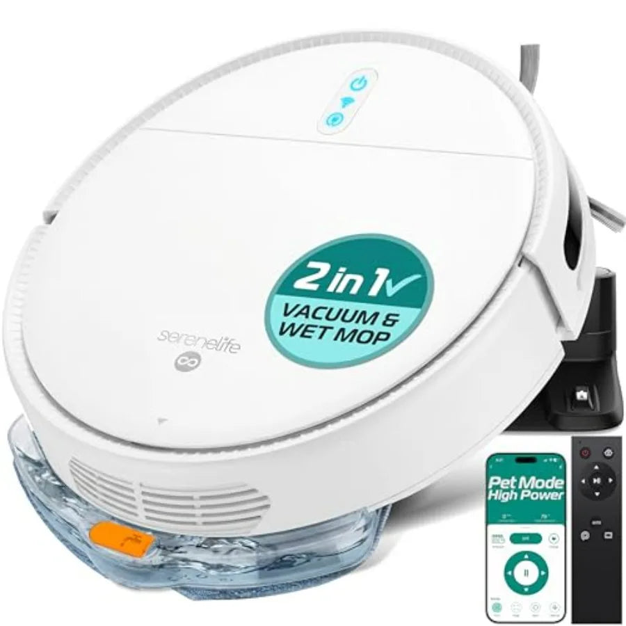 Automatic Robot Vacuum Cleaner and Mop Combo for home use, ABS plastic, white, app control with 3 cleaning modes, smart anti-fa