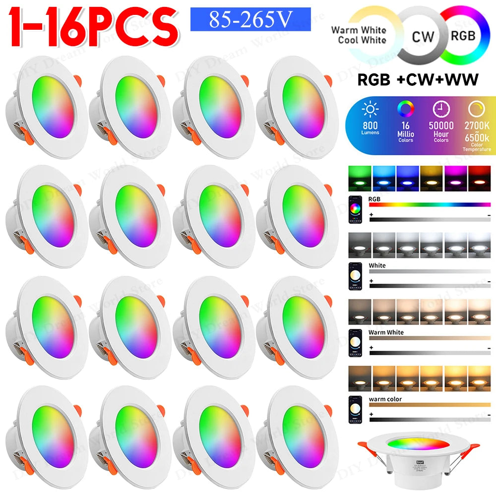 1-16PCS 10W Smart LED Downlight Bluetooth Ceiling Lamp  Remote Control Color Changing light for Google Alexa Hom