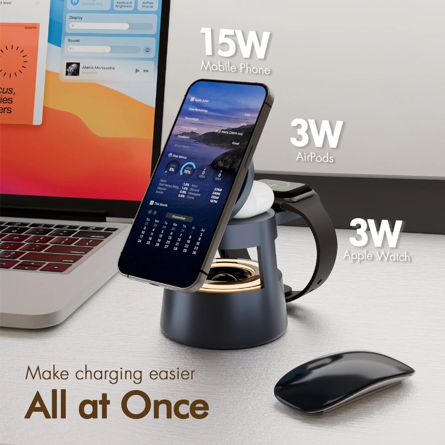 15W Wireless Chargers 5 in 1 Portable Fast Charg Bluetooth Nightlight Travel for IPhone 17 16 15 14 13 12 Apple Watch Airpods