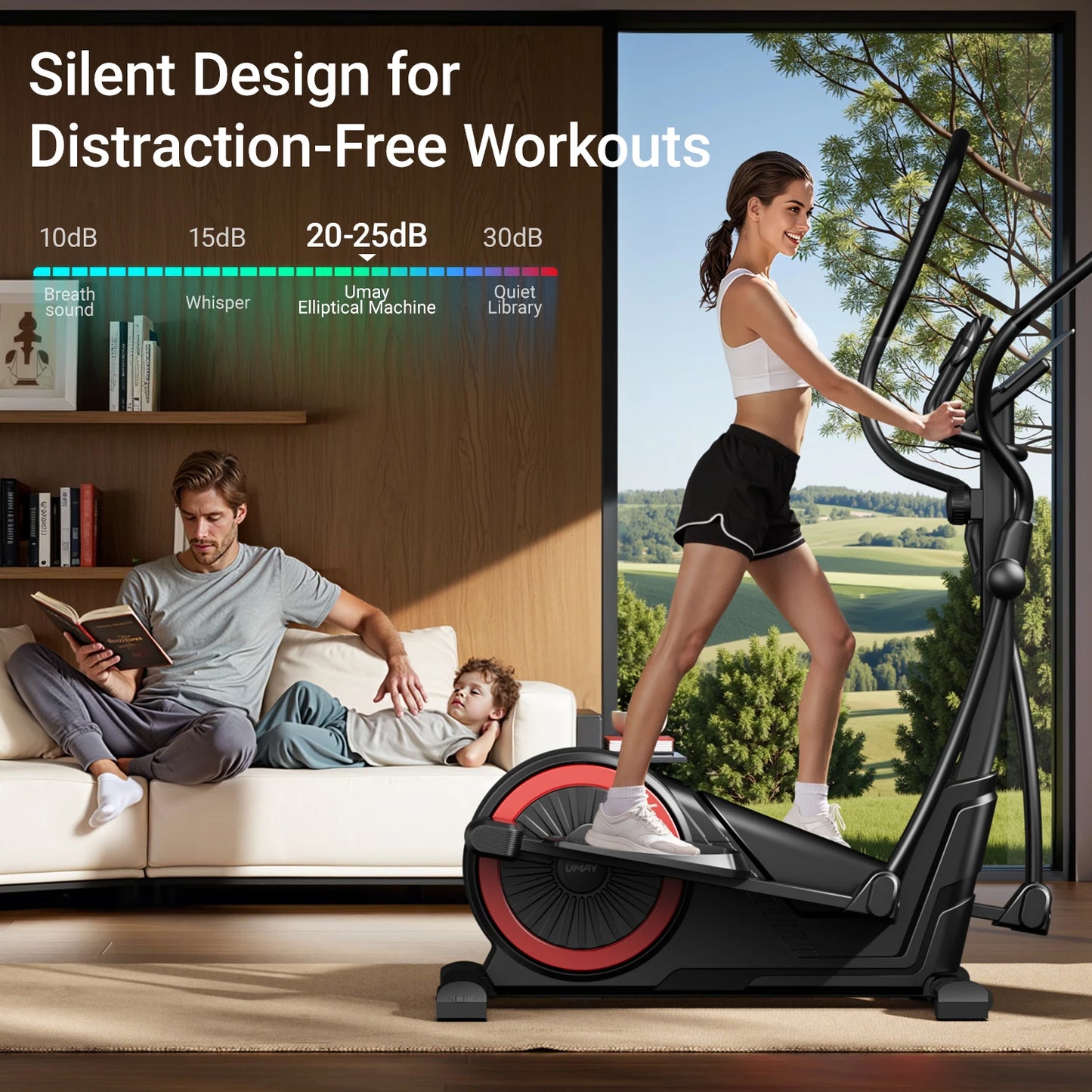 Elliptical Machine for Home, Silent Magnetic Trainer with 8 Resistance Levels, Pulse Grips, 15.5" Stride & LCD Monitor