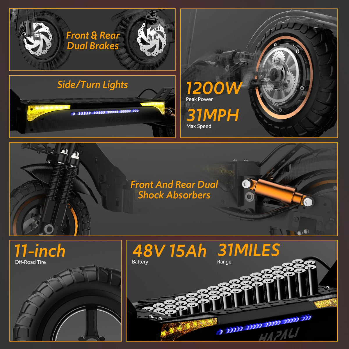 Off Road Electric Scooter, 1200W Motor, 31 Miles Range, 31 MPH, 11" All Terrain Tire, E-Scooter for Adults with Double Suspension & Side Light Disc Brakes