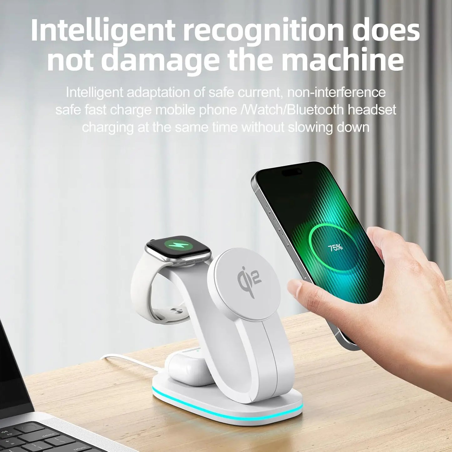 3-in-1 Fast 15W Wireless Charging Station for iPhone 17 16e 16 15 14 13 12 11 X Pro Max, Apple Watch, AirPods, 35W Adapter Included, White