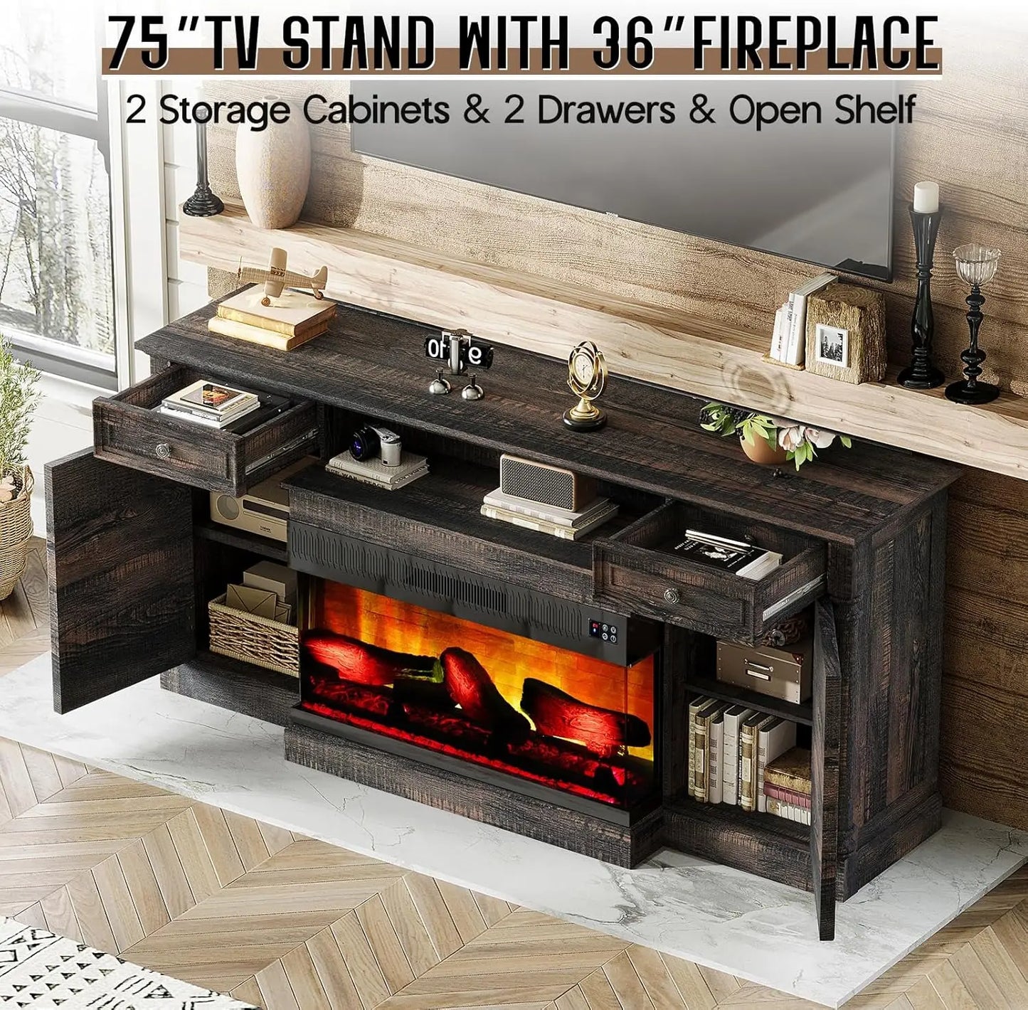 36 inch 3-Sided Glass Fireplace, 75 inch Large TV Console,