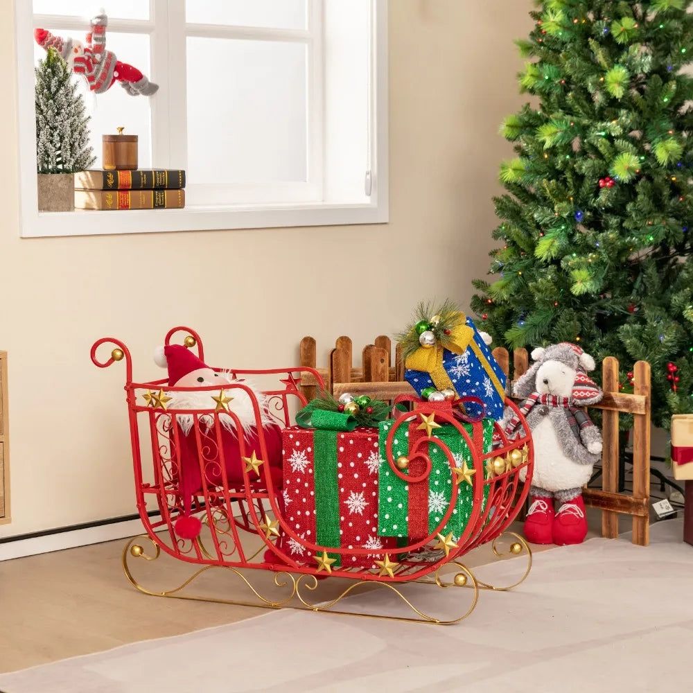 Red Santa Sleigh w/ Large Cargo Area for Gifts Metal Christmas Holiday Decor