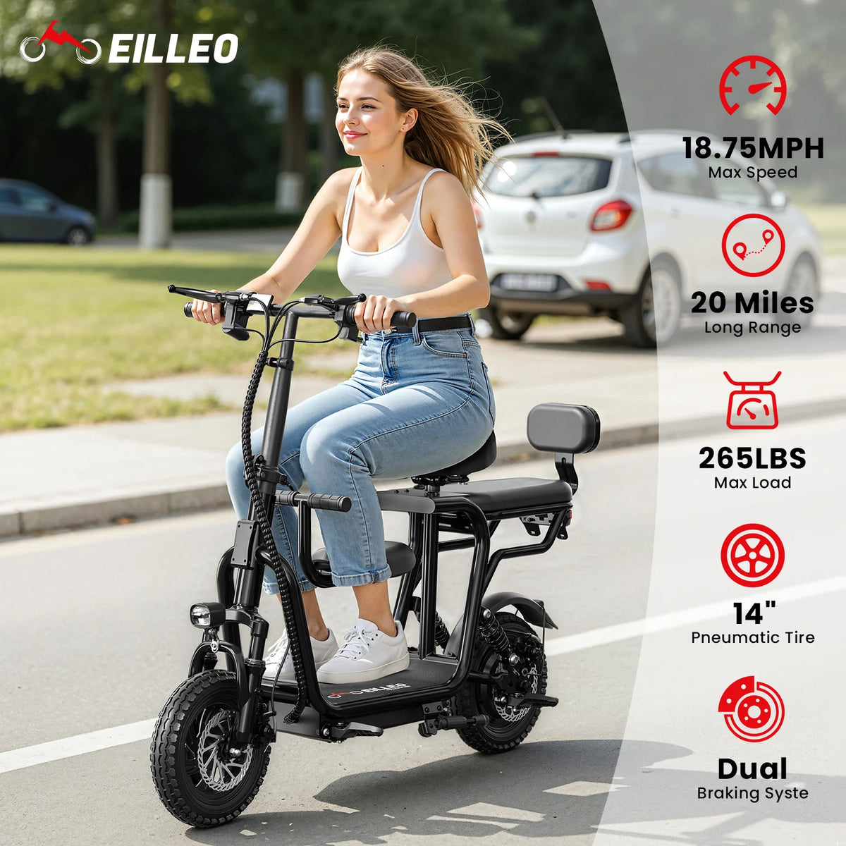 EILLEO Spacewalk 48V Electric Scooter with Seat for Adults, 750W Peak Motor, 18.75MPH Top Speed & 20 Mile Long Range, 14" Pneumatic Tires & Dual Disc Brakes, Foldable with Removable Seat & LCD Display