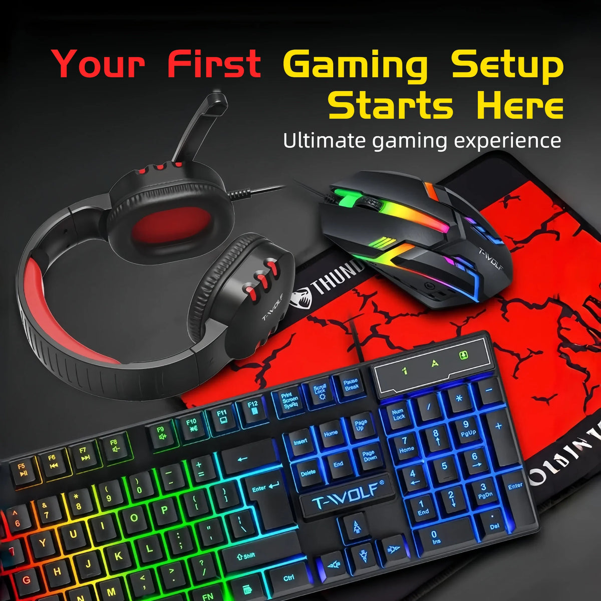4 in 1 Gaming Combo Set RGB Keyboard Mouse Headset Large Mousepad Wired USB Rainbow LED Back to School PC Gamer Kit for Desktop Laptop