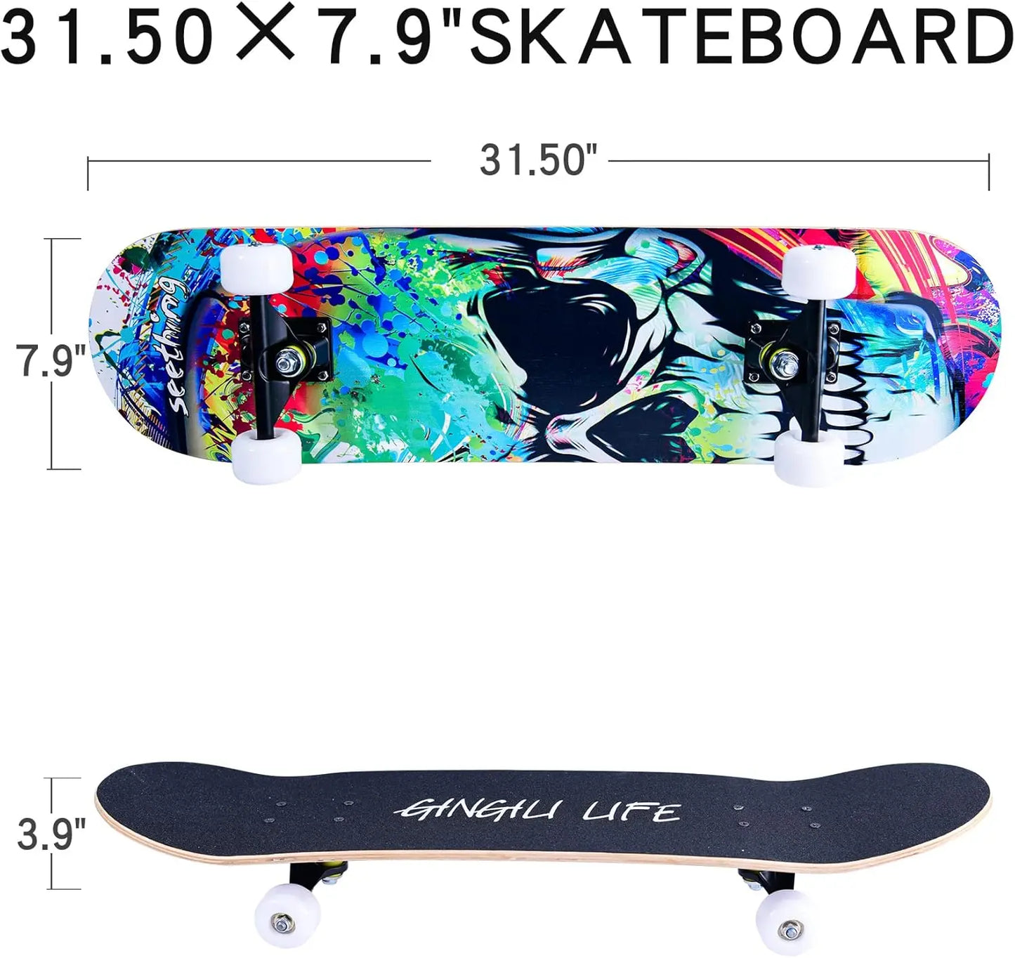 31''x8'' Complete Skateboard for Beginners & All Ages, 7-Layer Maple Deck, Double Kick Concave Design