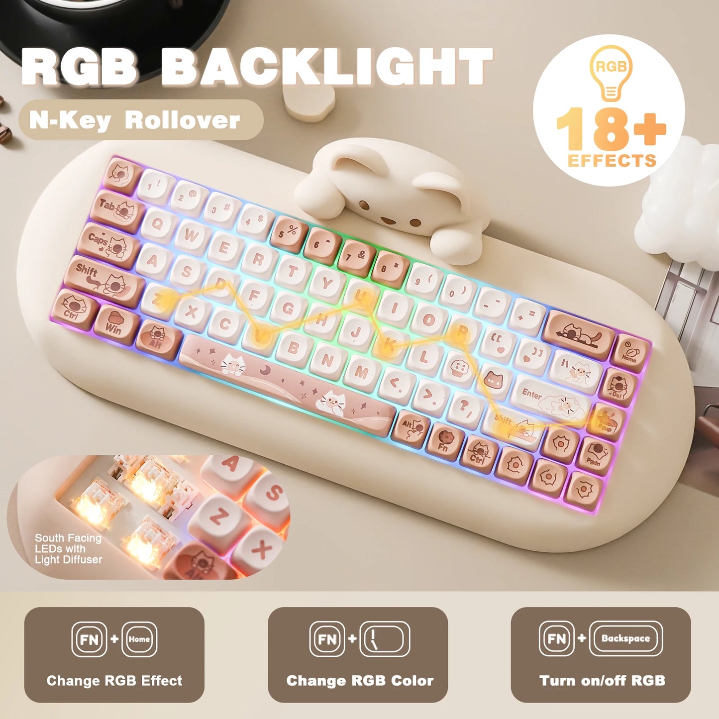 Wireless Gaming Keyboard, Hi-Fi Cute Cat Custom RGB Mechanical Keyboard, Silicone 65% Hot Swap