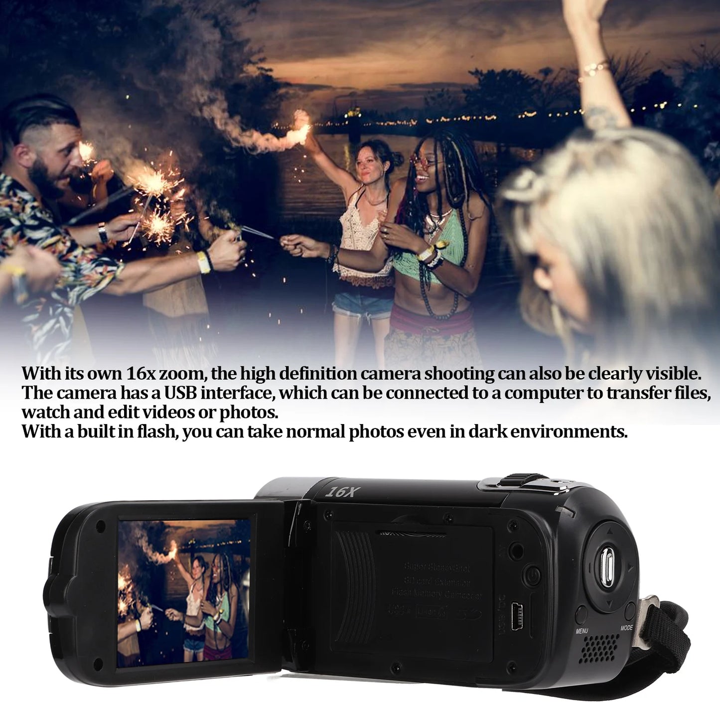 Video Camera Camcorder 270° Rotation Portable Camera Recorder Handheld 16X Zoom Full HD