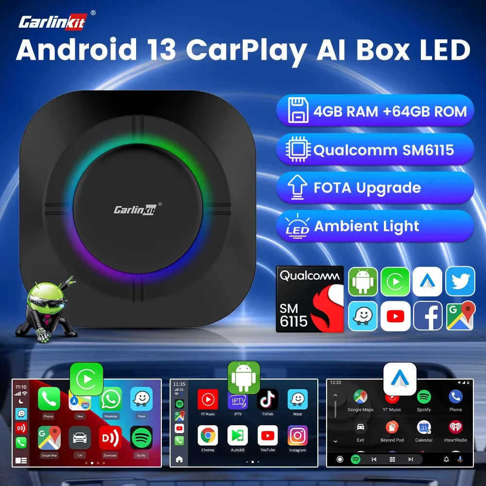 CarlinKit S2 CarPlay Ai Box LED Android 13 Streaming Box 64G