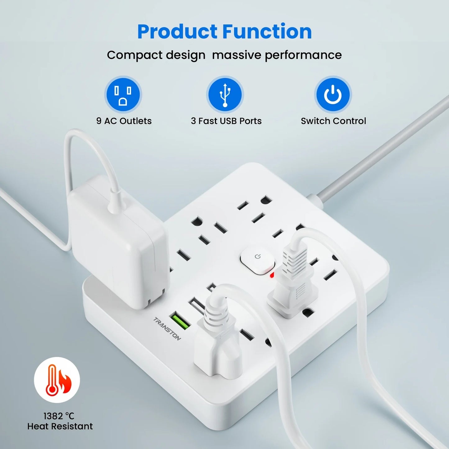 TRANSTON   Power strip with Surge Protector, 9 power strip   3 USB Ports,