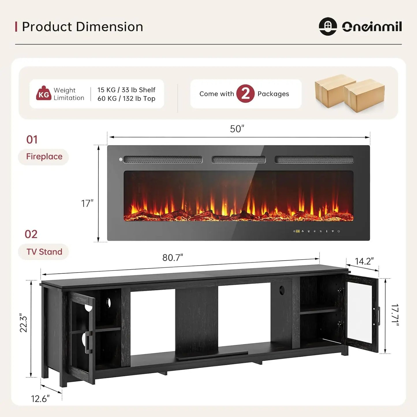 80" Fireplace TV Stand, 50 Inch Smart Fireplace & Modern
