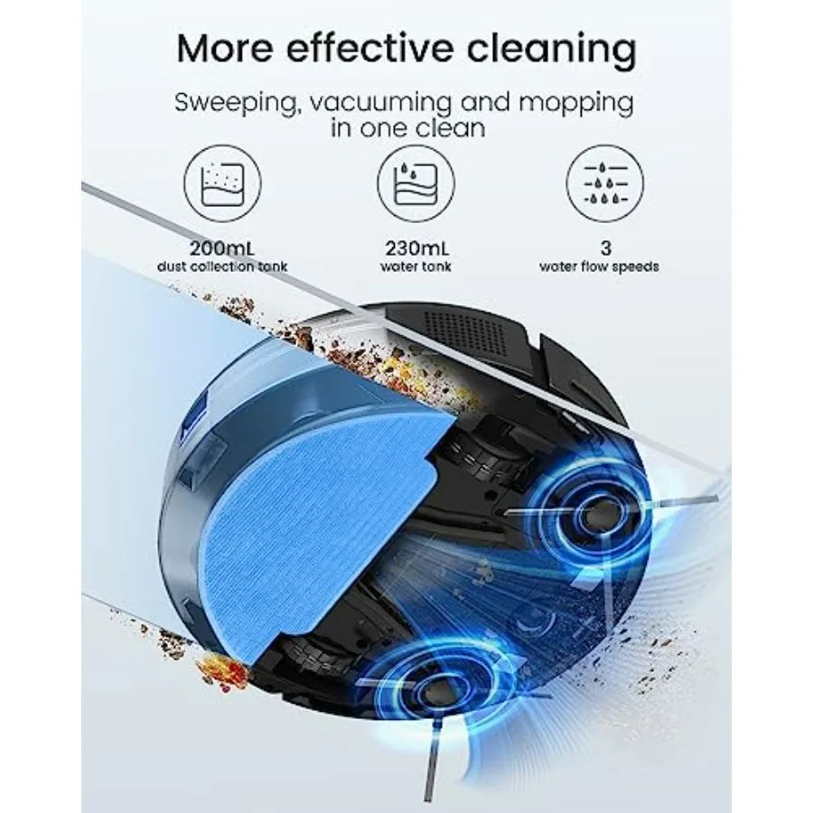Robot Vacuum and Mop Combo for Hard Floors and Medium-Pile Carpets, Black Plastic, 100Min Runtime, Ultra-Thin Design with Tangl