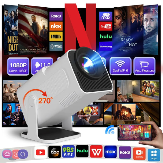Smart Projector Native 1080P Support 4K,  HD Brightness, Android 11.0, WiFi 6, Auto