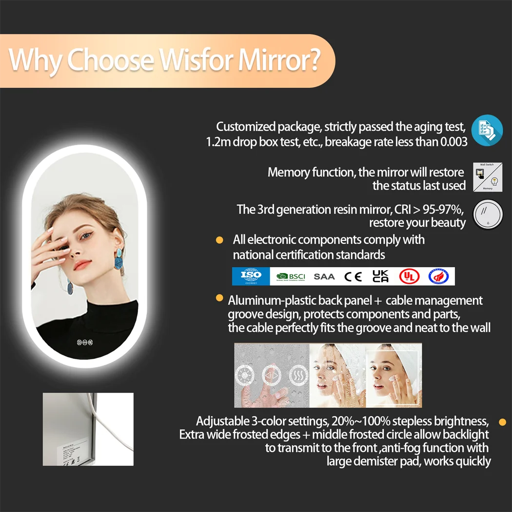Oval LED Bathroom Mirror Smart Mirrors 3 Colors