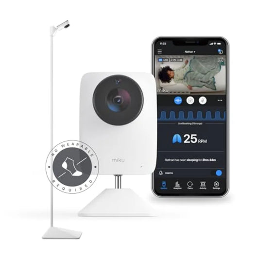 Smart baby monitor for nursery use, ABS plastic body in white, non-wearable real-time breathing tracking with 1080p Wi-Fi video