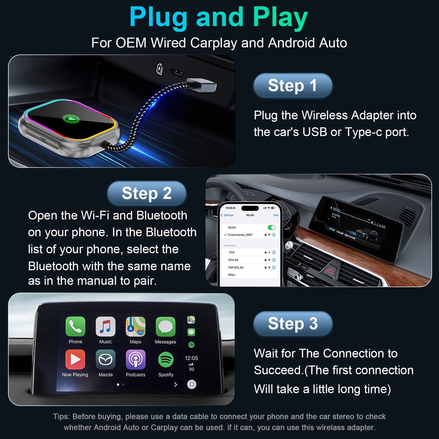2025 New iPhone Wireless Carplay Adapter Mini Android Auto Adapter Plug & Play Apple Carplay