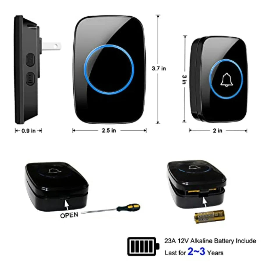 Wireless Doorbell, FullHouse Waterproof Door Bell Kit, Distinguish front and rear doors, Over 1000 feet Range and 60 Chime, 5 L