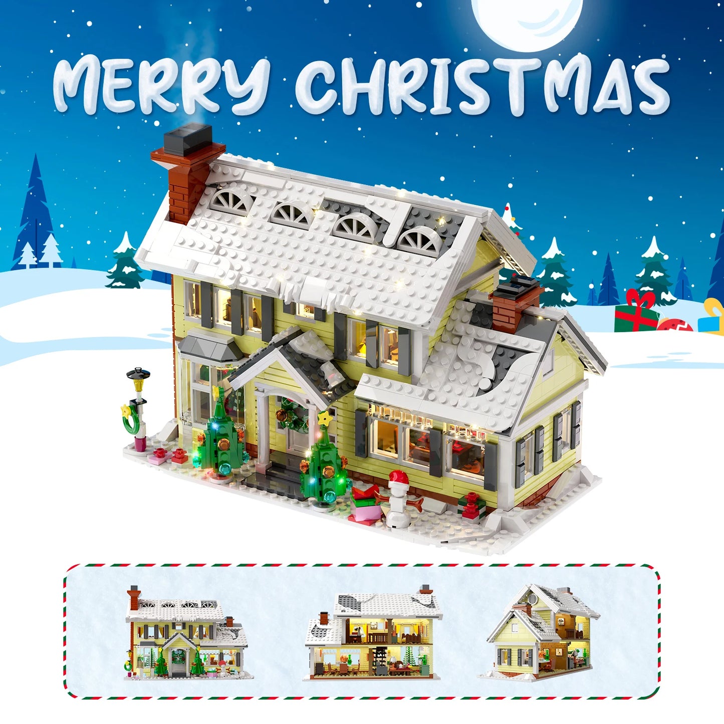 Christmas Holiday House Building Set, LED DIY Christmas Holiday Snow Village Bricks Gifts for Boys, Girls, Family, and Friends