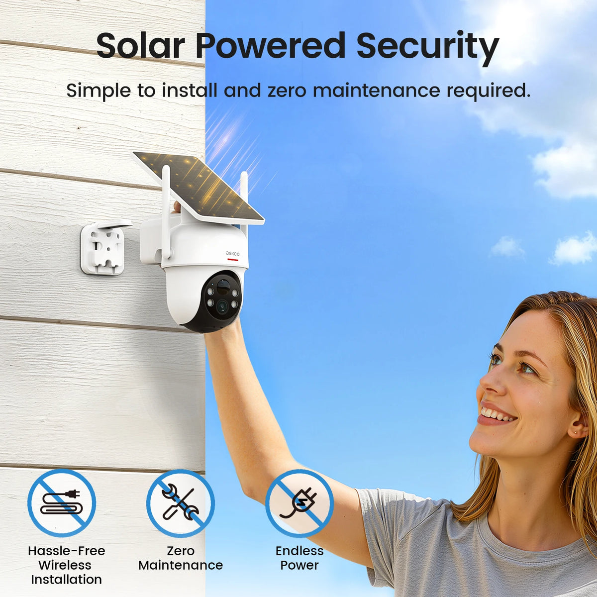 Dekco 3MP Solar Camera System 4 Cams Kit 5000mAh Battery Wireless 360° PTZ Surveillance Wifi Camera Set Support Alex 2-way Audio