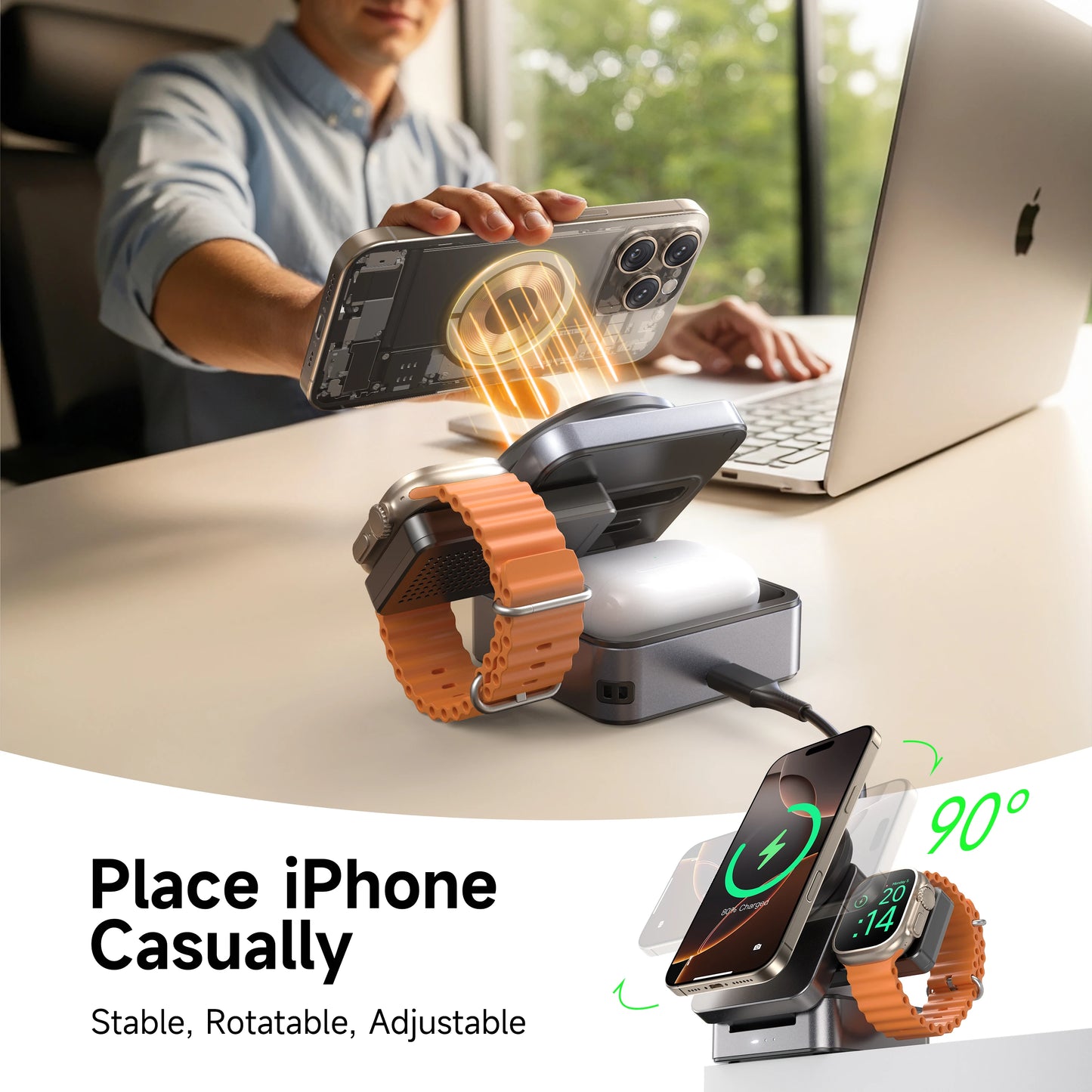 3-in-1 Wireless Charger Foldable, Qi2 Certified 15W Fast Charger, Portable Travel Charging Stand Dock for iPhone 17/16/15