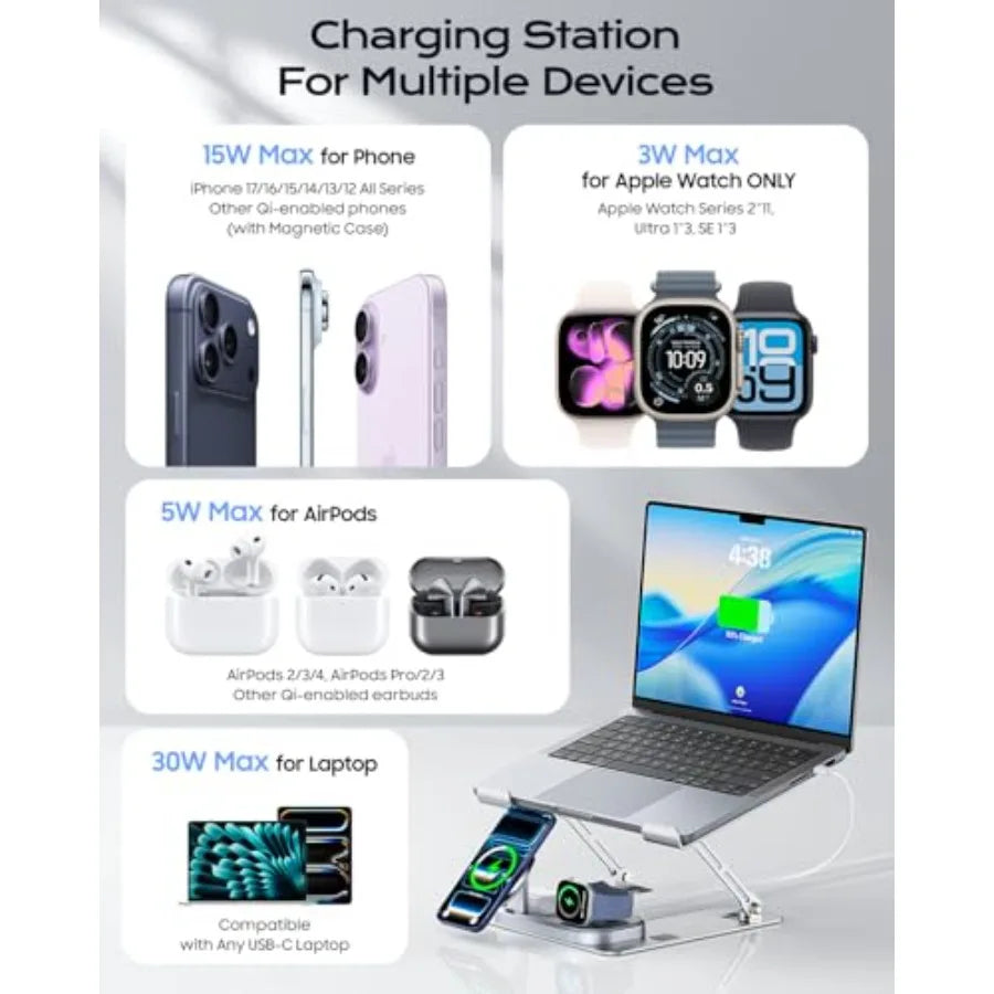 Laptop Stand for Desk with Wireless Charging Station Base,  with MagSafe Charger for iPhone/iWat