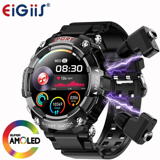EIGIIS Smart Watch With In-Ear Bluetooth Headset Heart Rate Blood Pressure Oxygen Monitoring HD Audio