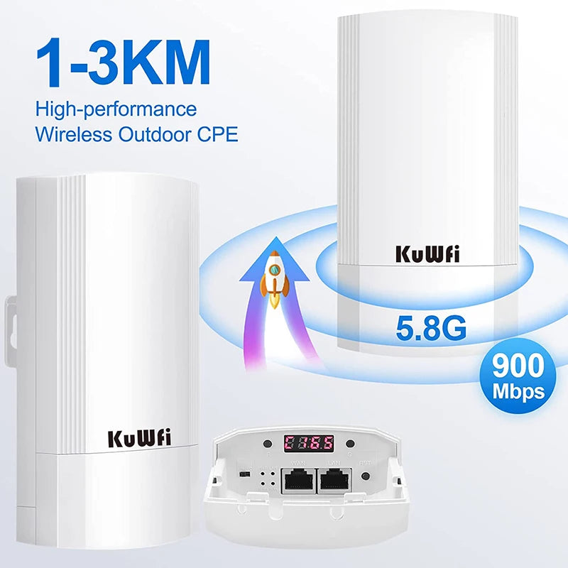 KuWFi 5.8G Outdoor CPE Bridge 900Mbps Wireless WiFi Router AP Repeater Mode PTP Long Range