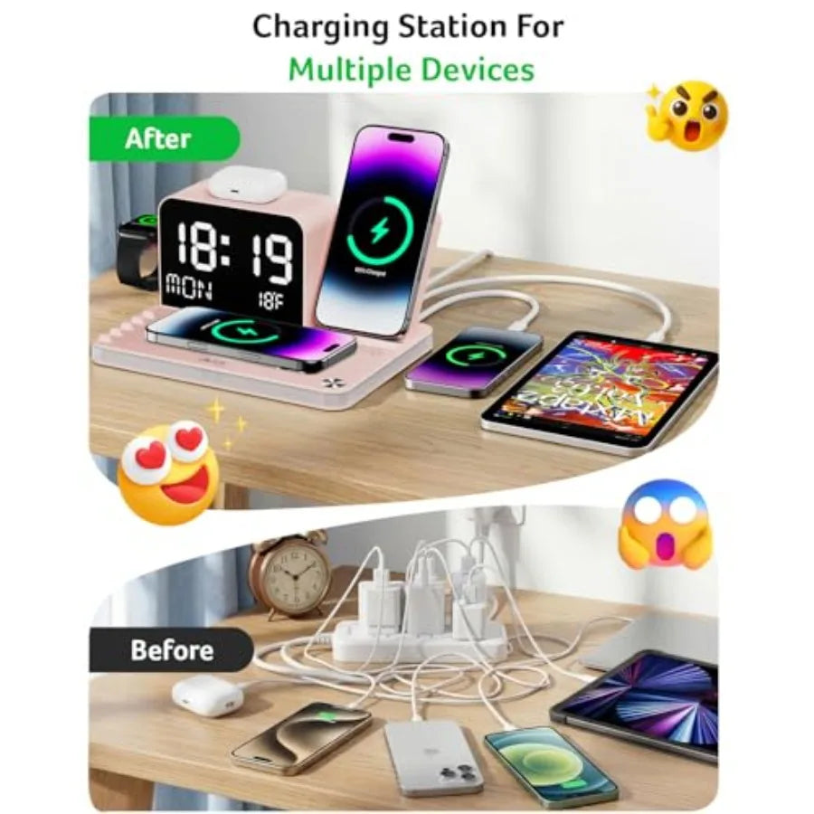 7-in-1 Wireless Charging Station with LED Clock - 30W Fast Wireless Charger for iPhone 16/15/14/13/12/Pro Max Apple Watch AirPo