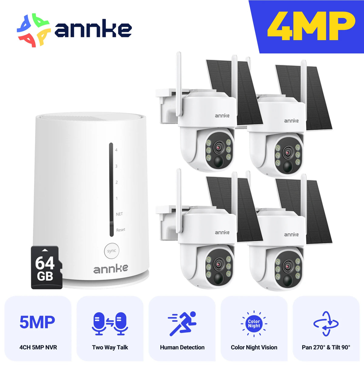 ANNKE 4MP Battery WiFi Security Camera PT Auto Tracking Color Night Vision Wireless IP Camera 4CH Security System