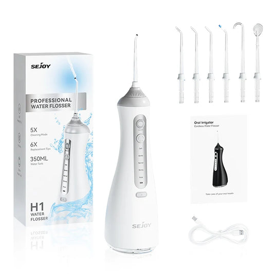Sejoy Electric Oral Irrigator Water Dental Flosser Pick for Teeth Cordless 350ML Water Tank,6 Cleaning Modes, IPX7 for Home