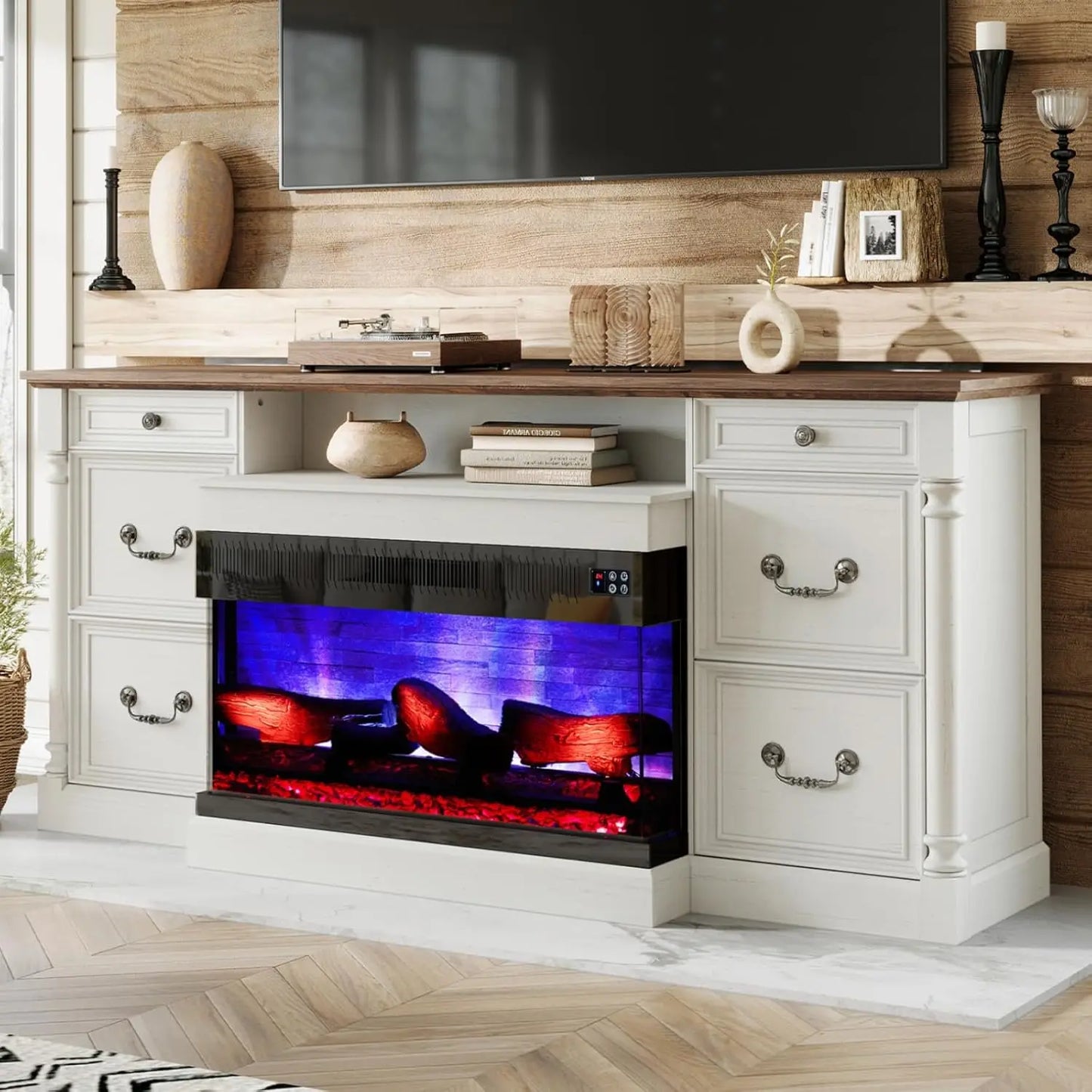 36 inch 3-Sided Glass Fireplace, 75 inch Large TV Console,