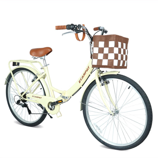 A26285B 26 Inch Folding City Bike with 7 Speeds & Commuter-Ready Accessories Detachable Basket & Cup Holder, Steel Frame, Alloy Rims, V-Brakes Comfortable Ride for Urban Men & Women, Multiple Colors
