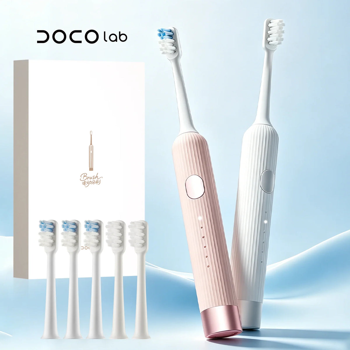 DOCO LAB Wave Electric Toothbrush Oscillation Vibration Sonic Electric Toothbrush for Adults USB-C Rechargeable Smart 6 Modes Long Battery Life with 5 Brush Heads