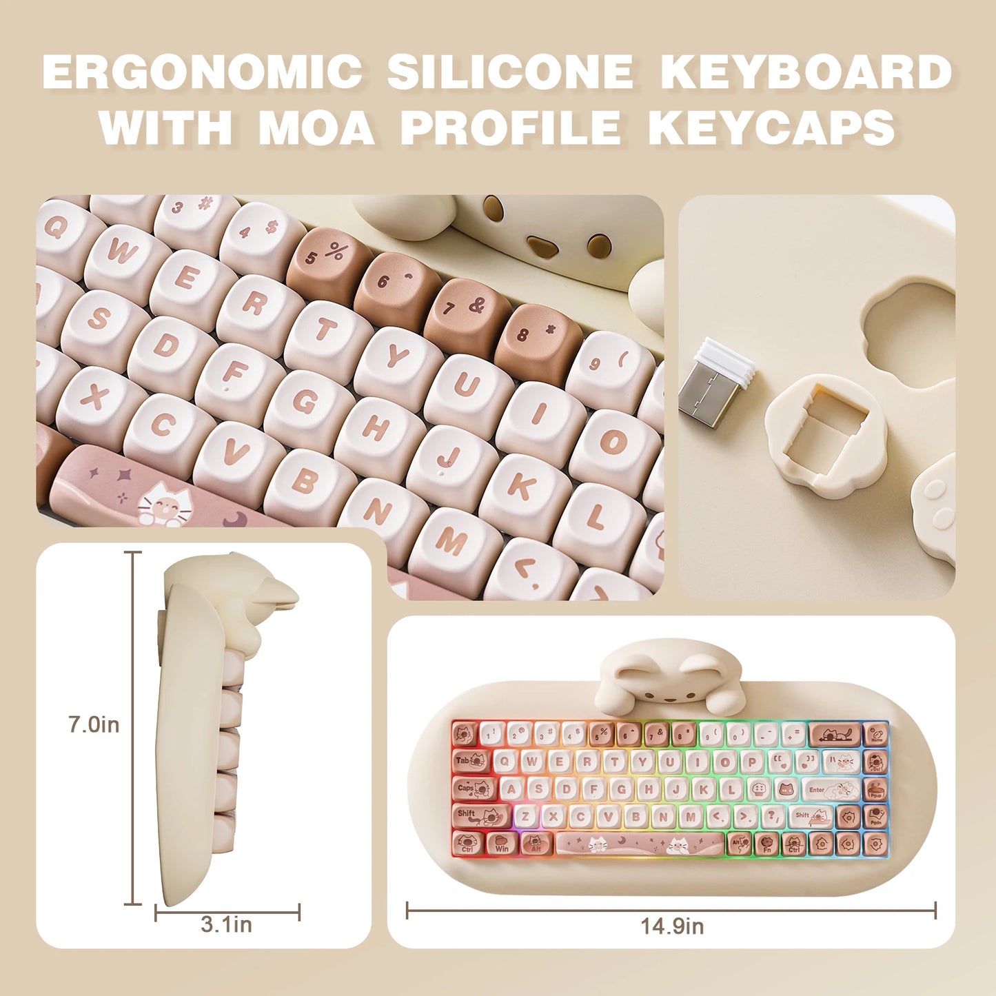 Wireless Gaming Keyboard, Hi-Fi Cute Cat Custom RGB Mechanical Keyboard, Silicone 65% Hot Swap