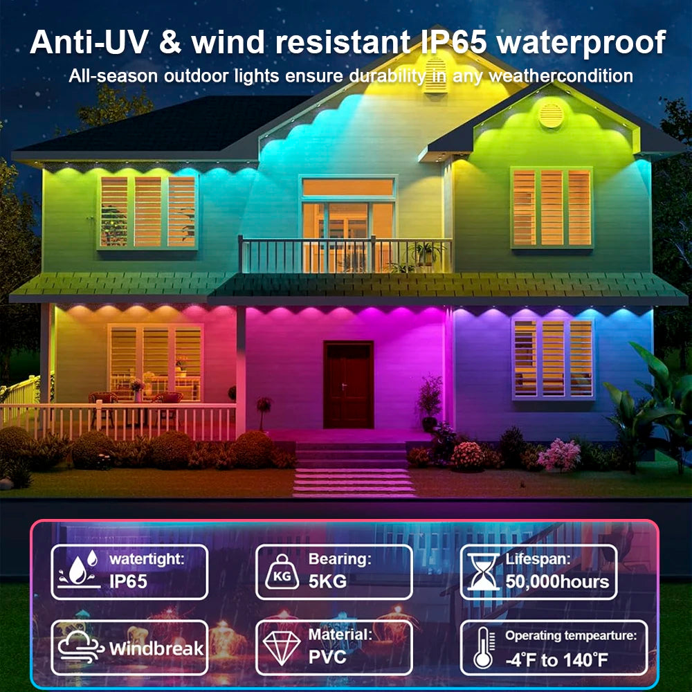100ft RGBIC Eave Lights Smart Outdoor Waterproof Smart LED Light String DIY Christmas Decorations Light Permanent Outdoor Lights