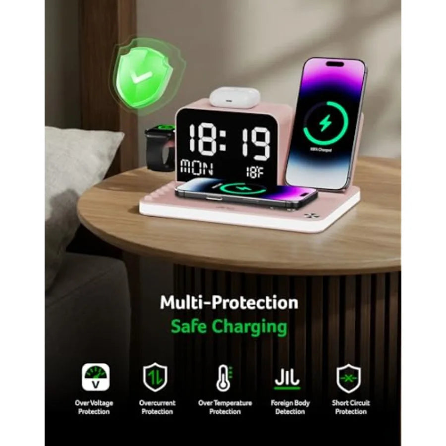 7-in-1 Wireless Charging Station with LED Clock - 30W Fast Wireless Charger for iPhone 16/15/14/13/12/Pro Max Apple Watch AirPo