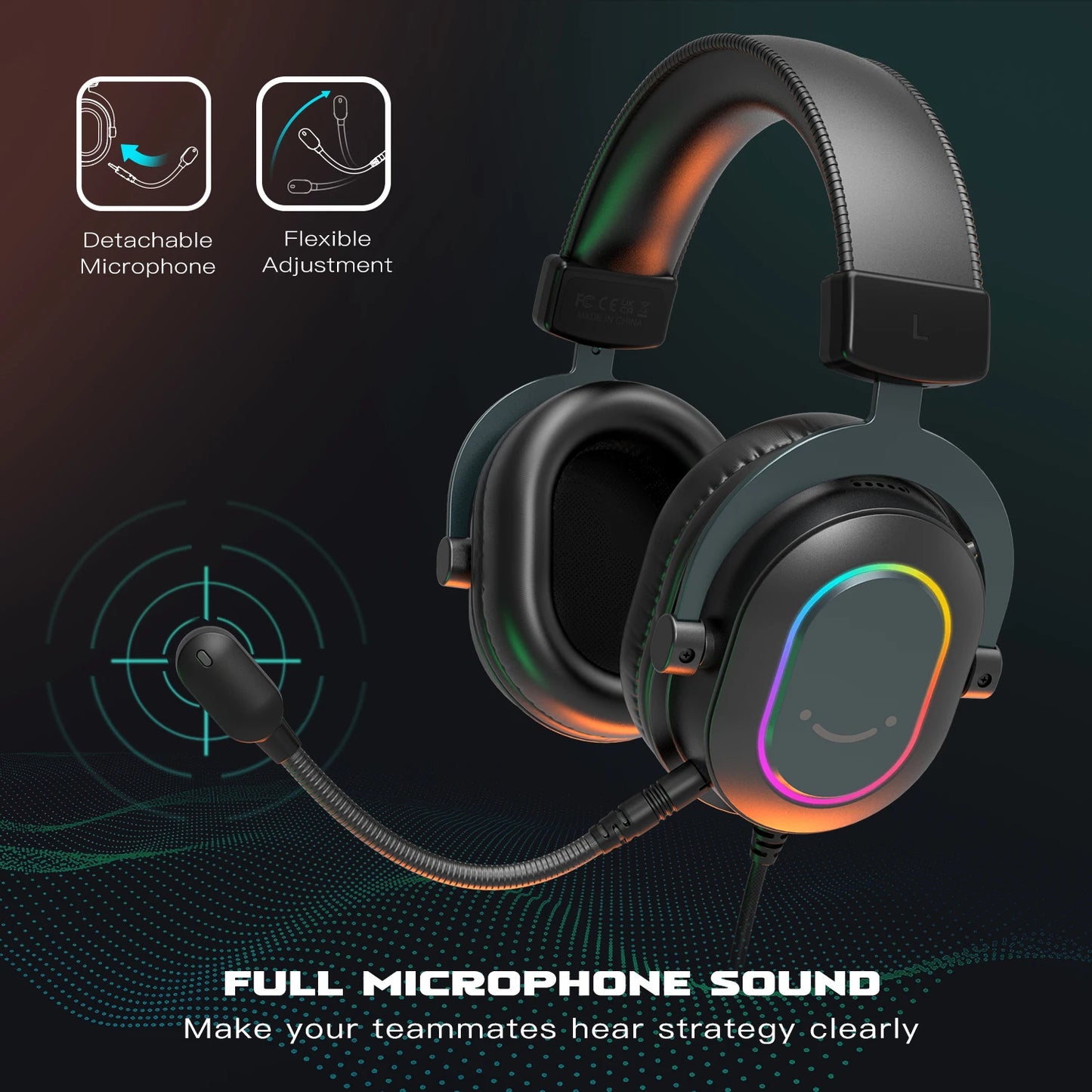 Dynamic RGB Gaming Headset with Mic Over-Ear Headphones 7.1 Surround Sound PC PS4 PS5 3 EQ Options Game Movie Music